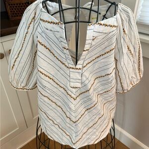 Anthropologie Maeve White and Orange Embroidered Women's Top with Gray Lines